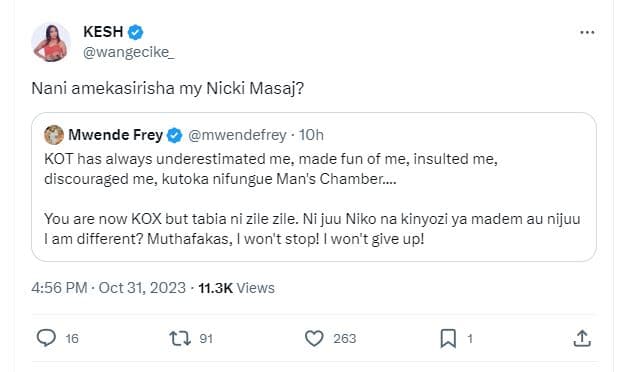 Kesh wangecike nani amekasirisha my nicki masaj? mwende frey mwendefrey 10h kot