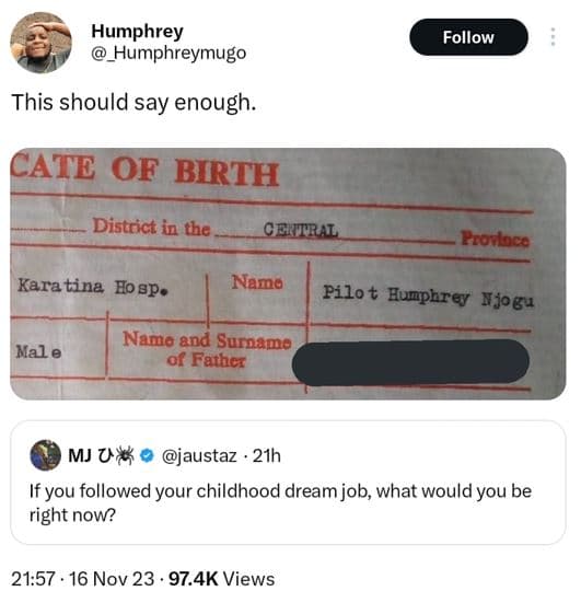 Humphrey humphreymugo follow this should say enough. cate of birth district in t