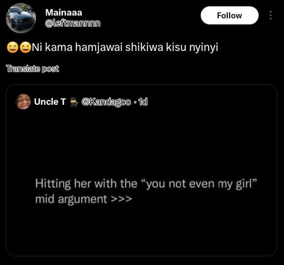 Mainaaa lefiannnn follow ni kama hamjawai shikiwa kisu nyinyi tiranslate post un