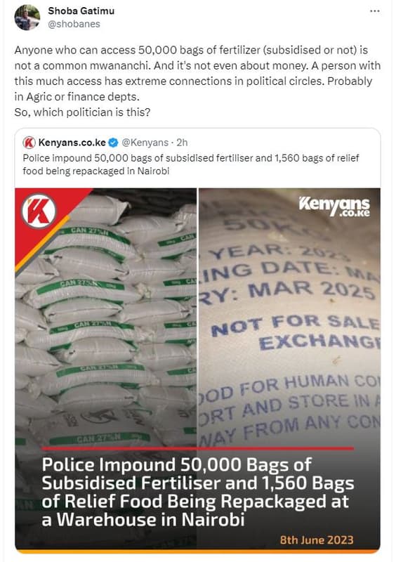 Shoba gatimu shobanes anyone who can access 50,000 bags of fertilizer subsidised