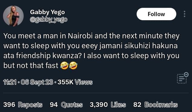 Gabby yego follow you meet a man in nairobi and the next minute they want to sle