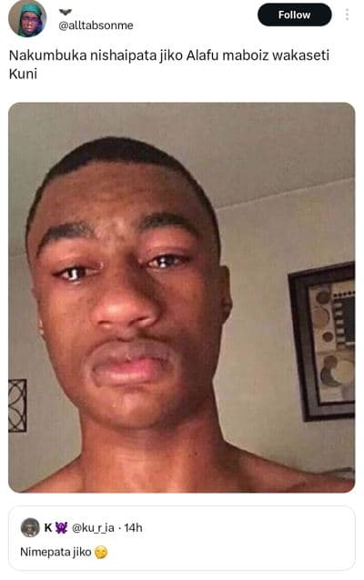 Follow alltabsonme nakumbuka nishaipata jiko alafu maboiz wakaseti kuni ku_ria 1