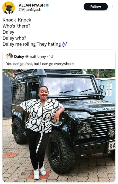 Allan_nyash allannyash follow knock knock who's there? daisy daisy who? daisy me