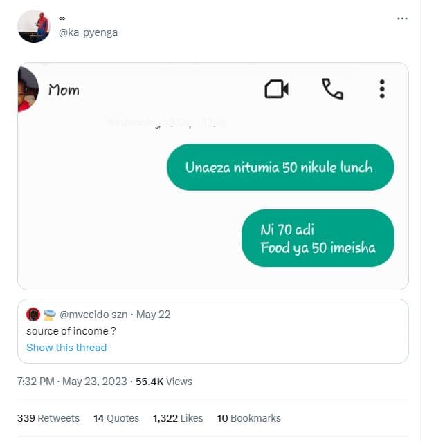 Ka_pyenga mom unceza nitumia 50 nikule lunch ni 70 gdi food ya 50 imeisha mvccid