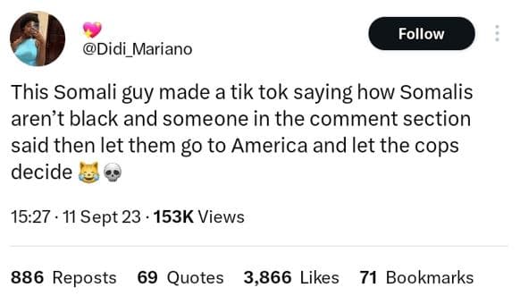 Follow didi_mariano this somali guy made a tik tok saying how somalis aren't bla