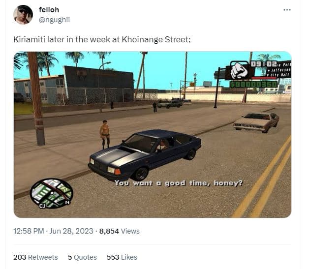 Felloh ngughii kiriamiti later in the week at khoinange street , you wan gpod tl