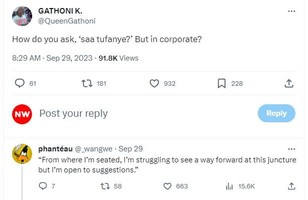 Gathoni k queengathoni how do you ask 'saa tufanye?' but in corporate? 8.29 am s