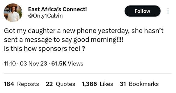East africa's connect! onlyıcalvin follow got my daughter a new phone yesterday