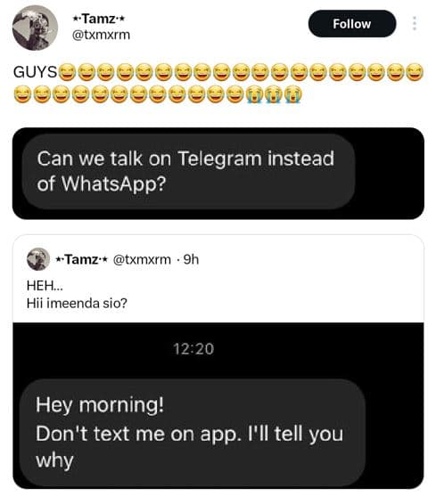 Tamz txmxrm follow guysa8988896 66 can we talk on telegram instead of whatsapp?