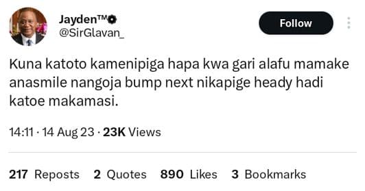 Jaydenvo sirglavan_ follow kuna katoto kamenipiga hapa kwa gari alafu mamake ana