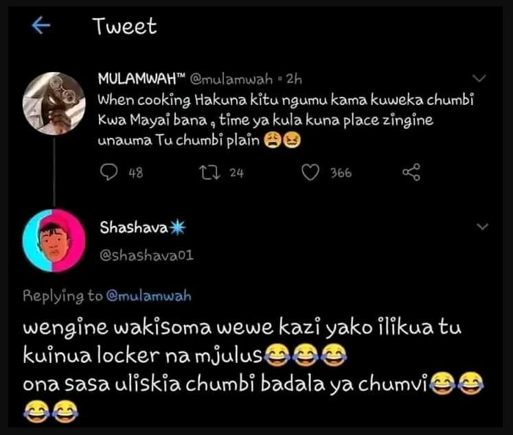 Tweet mulamwah mulamwah 26 when cooking hakuna kitu ngumu kama kuweka chumbi kwa
