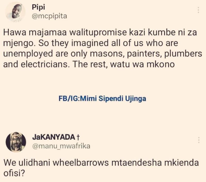Pipi mcpipita hawa majamaa walitupromise kazi kumbe ni za mjengo. so they imagin