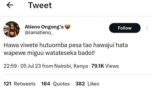 Tweet atieno ongong'a iamatieno follow hawa viwete hutuomba pesa tao hawajui hat