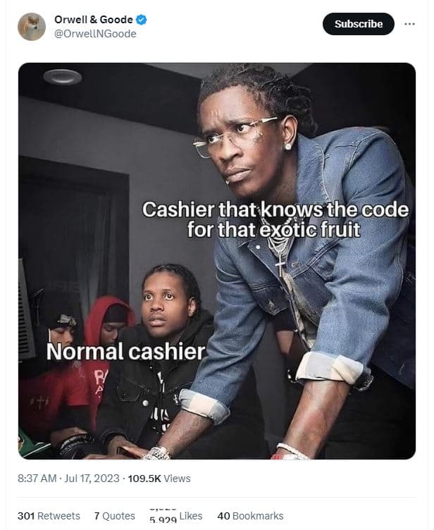 Orwell goode orwellngoode subscribe cashier that knows thecode for that exotic f
