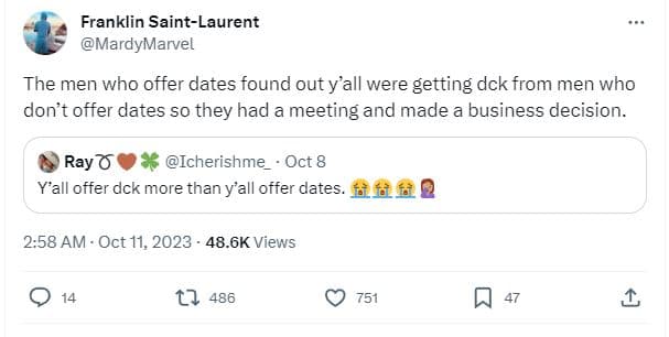 Franklin saintlaurent mardymarvel the men who offer dates found out y'all were g