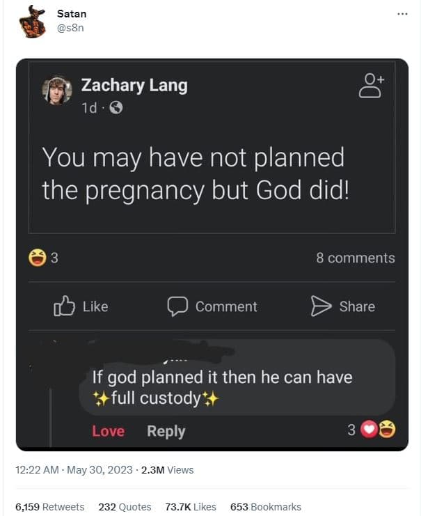 Satan s8n zachary lang id 0 you may have not planned the pregnancy but god did!