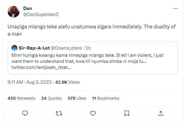 Dan dansuperdan2 unapiga mlango teke alafu unatumwa sigara immediately. the dual