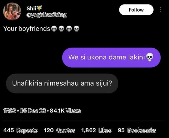 Shii gfrliswfilding follow your boyfriends we si ukona dame lakini unafikiria ni