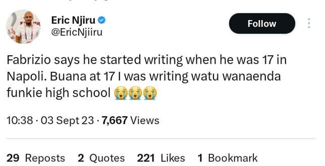 Eric njiru ericnjiiru follow fabrizio says he started writing when he was 17 in