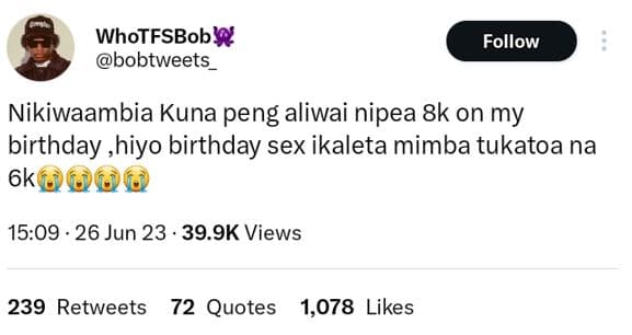 Whotfsbobw bobtweets follow nikiwaambia kuna peng aliwai nipea 8k on my birthday
