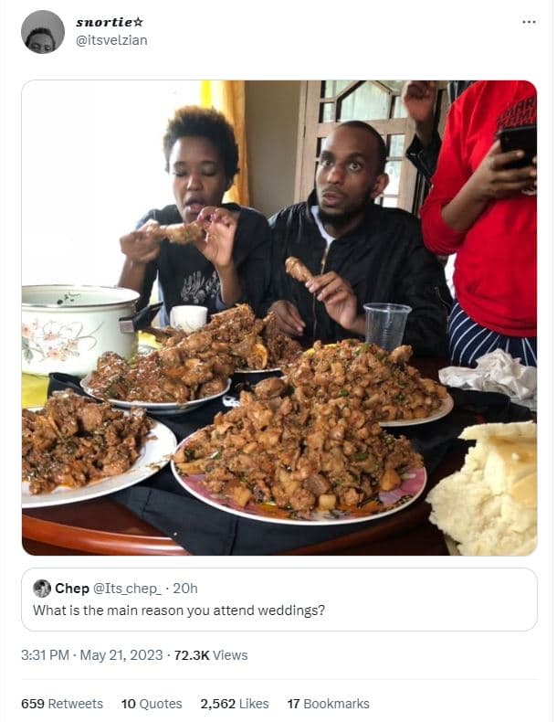 Snortiex itsvelzian chep its_chep_ 2oh what is the main reason you attend weddin