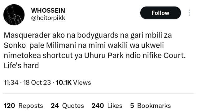 Whossein hcitorpikk follow masquerader ako na bodyguards na gari mbili za sonko