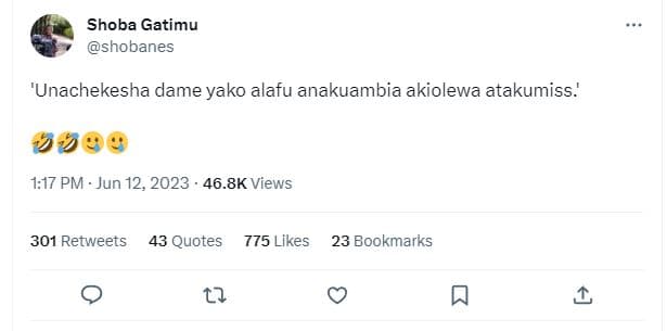 Shoba gatimu shobanes 'unachekesha dame yako alafu anakuambia akiolewa atakumiss