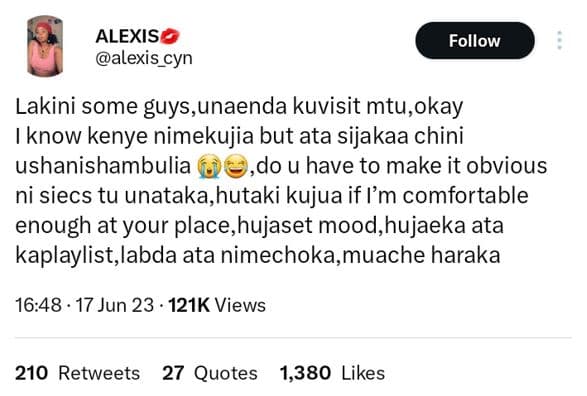 Alexis alexis_cyn follow lakini some guys,unaenda kuvisit mtu,okay know kenye ni