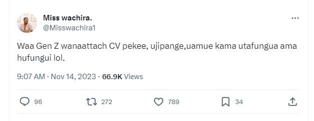 Miss wachira. misswachiral waa gen zwanaattach cv pekee ujipangel uamue kama uta