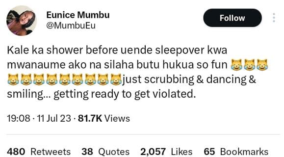 Eunice mumbu mumbueu follow kale ka shower before uende sleepover kwa mwanaume a
