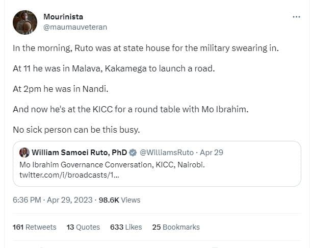 Mourinista maumauveteran in the morning ruto was at state house for the military