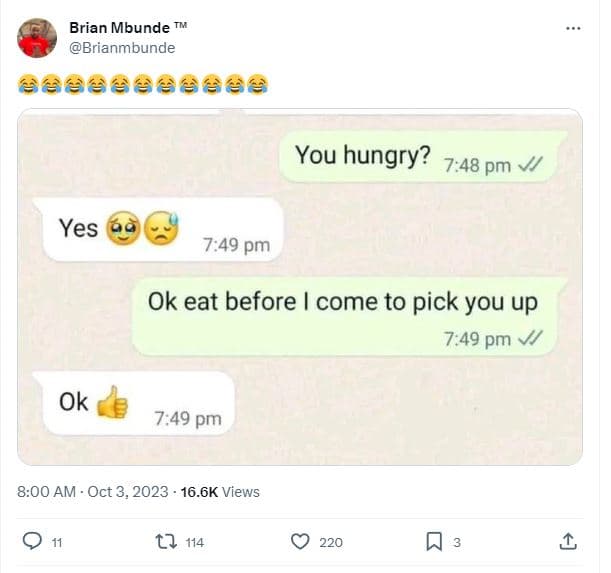 Brian mbunde brianmbunde you hungry? 7.48 pm v yes 749 pm ok eat before come to