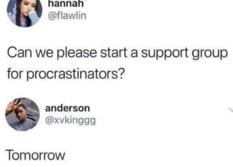 Hannah flawlin can we please start a support group for procrastinators? anderson