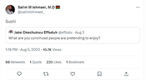 Salim m ishmael, m.d salimishmael_ sushi jake okechukwu effoduh effodu . aug 3 w
