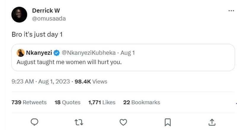 Derrick w omusaada bro it's just day 1 nkanyezi nkanyezikubheka aug 1 august tau