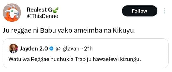 Realest g thisdenno follow ju reggae ni babu yako ameimba na kikuyu. jayden 2.0