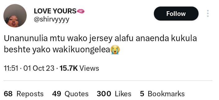 Love yours shirvyyyy follow unanunulia mtu wako jersey alafu anaenda kukula besh