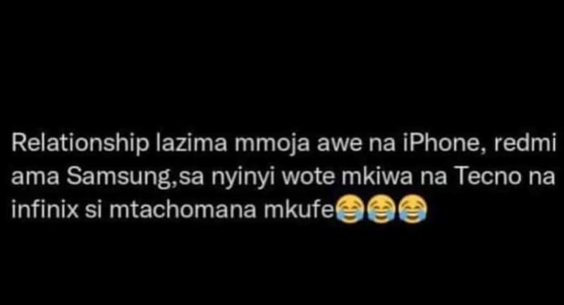Relationship lazima mmoja awe na iphone, redmi ama samsung sa nyinyi wote mkiwa