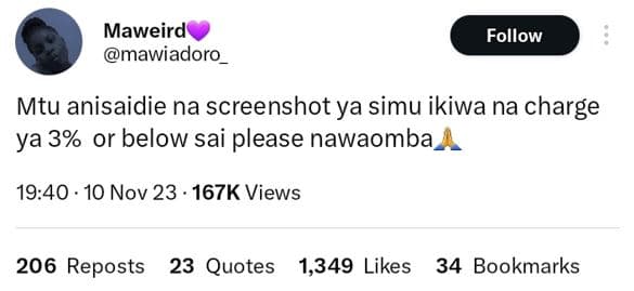 Maweird mawiadoro follow mtu anisaidie na screenshot ya simu ikiwa na charge ya