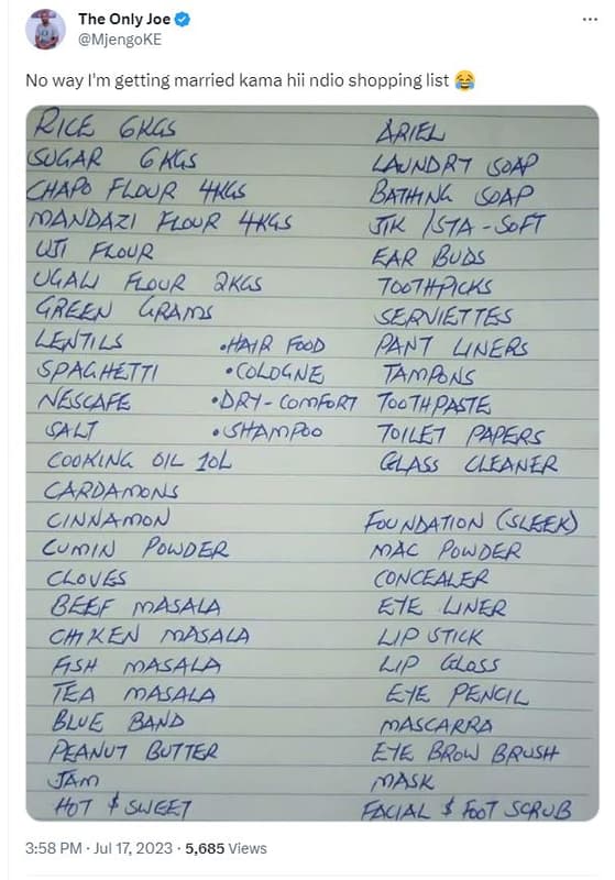 The only joe mjengoke no way i'm getting married kama hii ndio shopping list ria