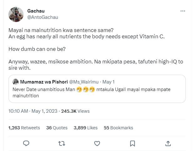 Gachau antogachau mayai na malnutrition kwa sentence same? an egg has nearly all