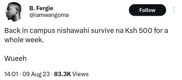 B. fergie iamwangoma follow back in campus nishawahi survive na ksh 500 for a wh