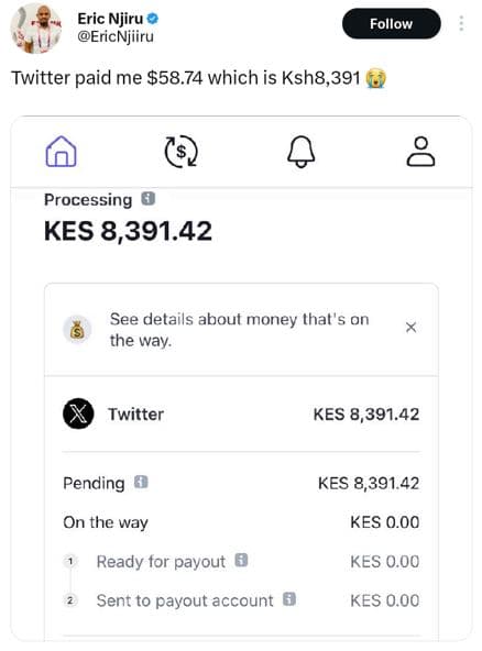 Eric njiru ericnjiiru follow twitter paid me 58.74 which is ksh8,391 processing