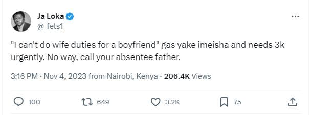 Ja loka _felsi ican't do wife duties for a boyfriend gas yake imeisha and needs