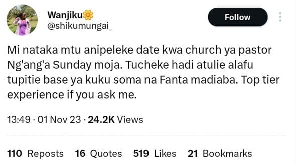 Wanjiku shikumungai_ follow mi nataka mtu anipeleke date kwa church ya pastor ng