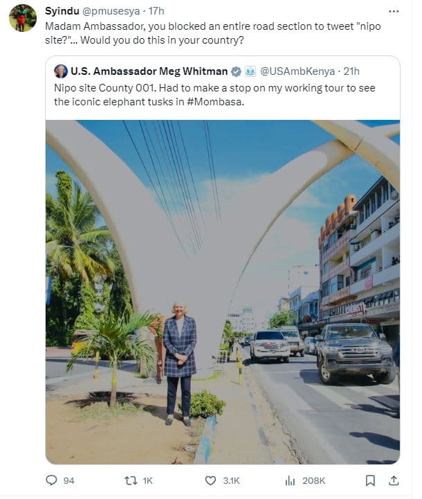 Syindu pmusesya 17h madam ambassador you blocked an entire road section to tweet