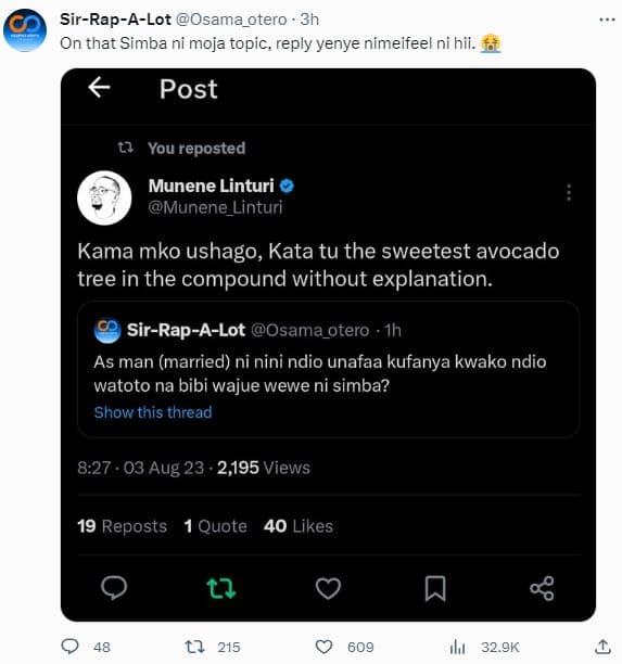 Sirrapalot osama_otero . 3h on that simba ni moja topic, reply yenye nimeifeel n