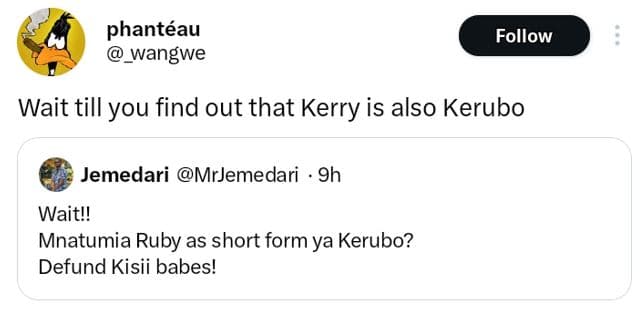 Phantéau wangwe follow wait till you find out that kerry is also kerubo jemedari