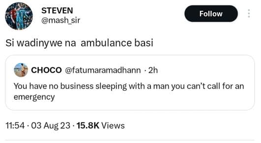 Steven mash_sir follow si wadinywe na ambulance basi choco fatumaramadhann 2h yo