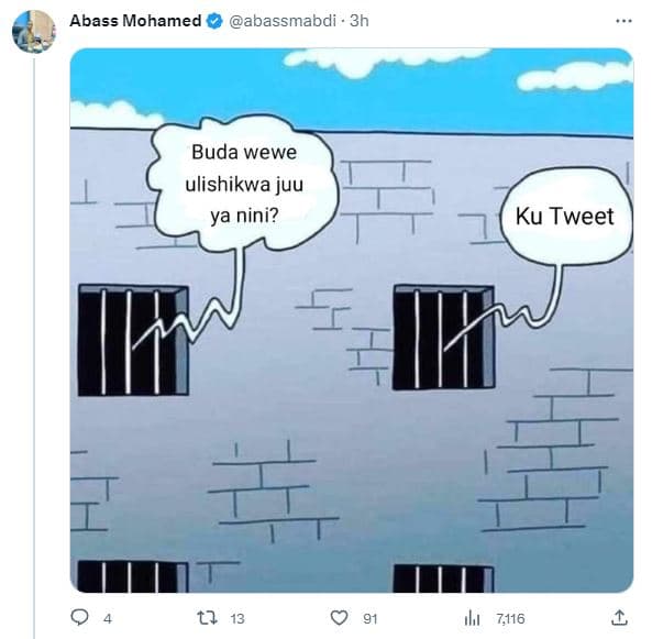 Abass mohamed abassmabdi 3h buda wewe ulishikwa juu ya nini? ku tweet tl 13 ilu